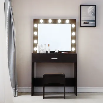 

Woman Makeup Dressers Table Mirror With Stool Mirror Bulb LED Lighted Dressing Table Stool Mirror Dresser with Chair Set