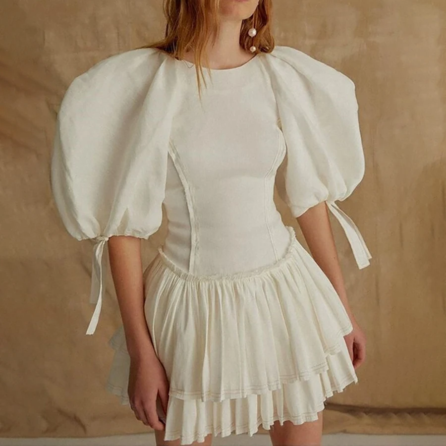 

2020 Spring New Arrive Vacation Dress Fashion O-neck Puff Sleeve Cascading Ruffle Mini Dress Drawstring Slim Elegant Women Dress