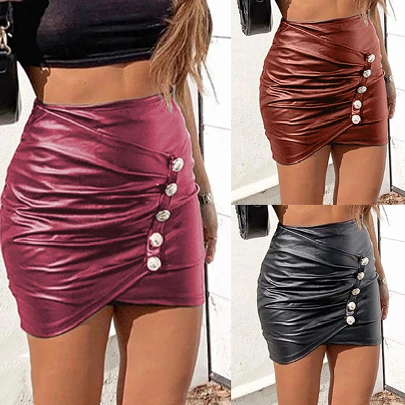 Women Button Pu Matte Buckle Skirt Spring Summer Casual Solid Color Comfortable Stretch High Quality Sexy Mini Skirts | Женская одежда