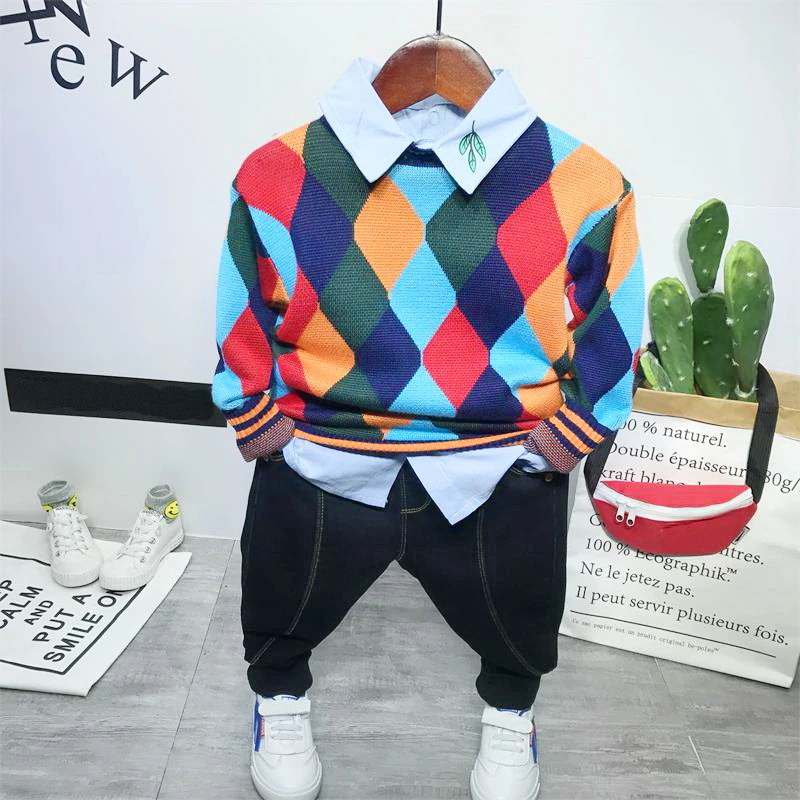 

Children Clothing Sets Spring Autumn Baby Boys Clothing Sets Fashion Knit Sweater + Shirt + Jeans 3Pcs Boys Suits 2-6 years