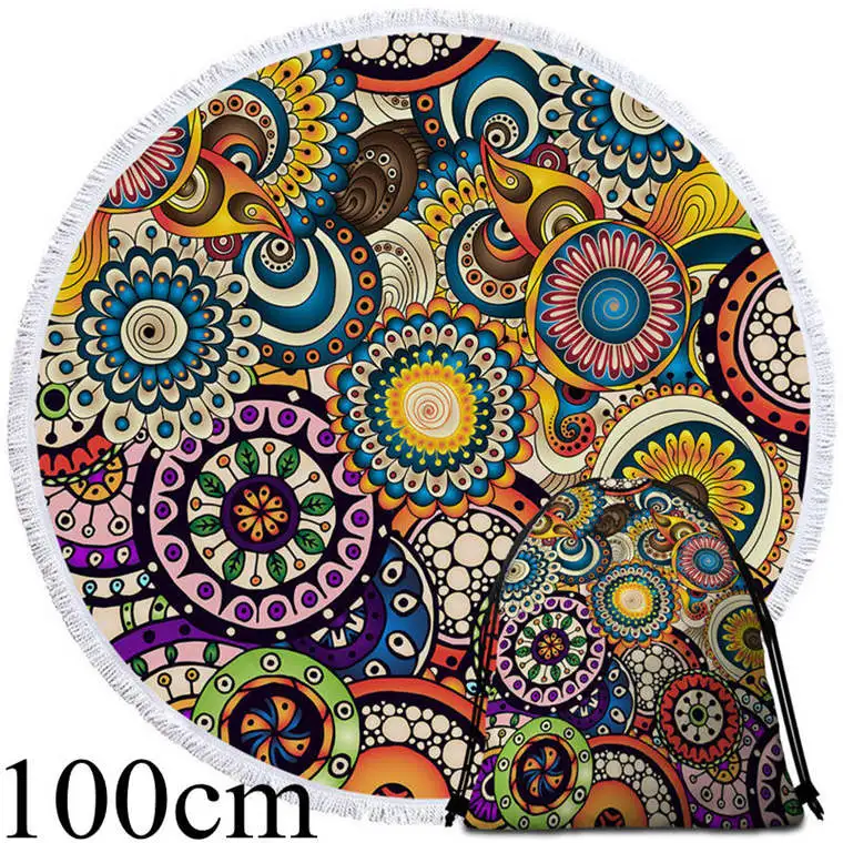 002 Towel 100cm-Bag Постельные принадлежности Outlet калейдоскоп большой круглый пляжное полотенце богемное микрофибра банное полотенце для взрослых кисточкой этнические Мандала гобелены с цветами - Цвет: 002 Towel 100cm-Bag