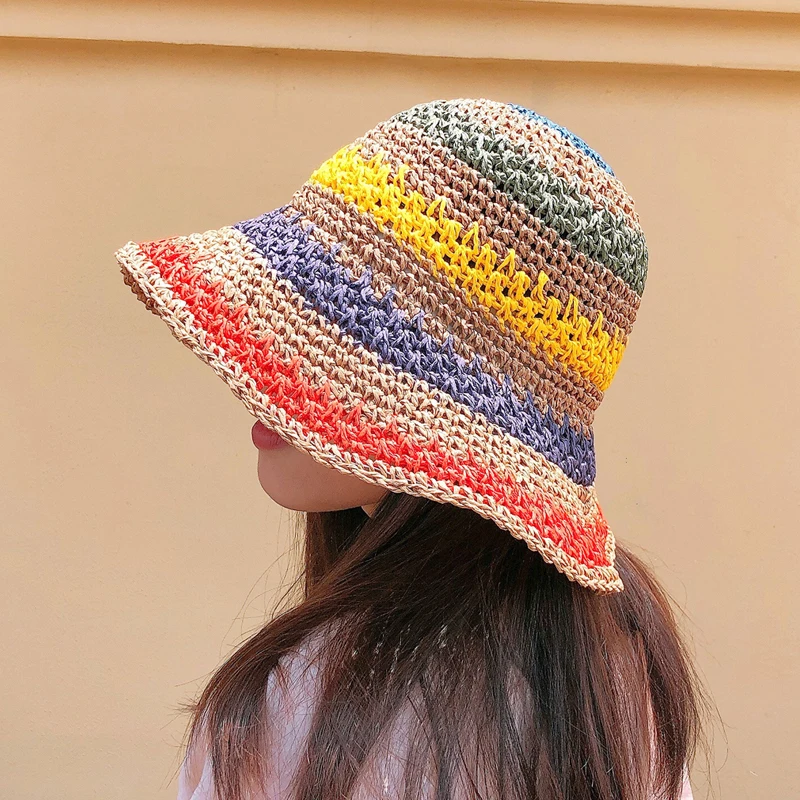 Secchiello da donna primavera paglia fatto arcobaleno uncinetto fatto a  mano cappello di paglia da pescatore pieghevole genitore-figlio protezione  solare spiaggia visiera parasole - AliExpress Apparel Accessories