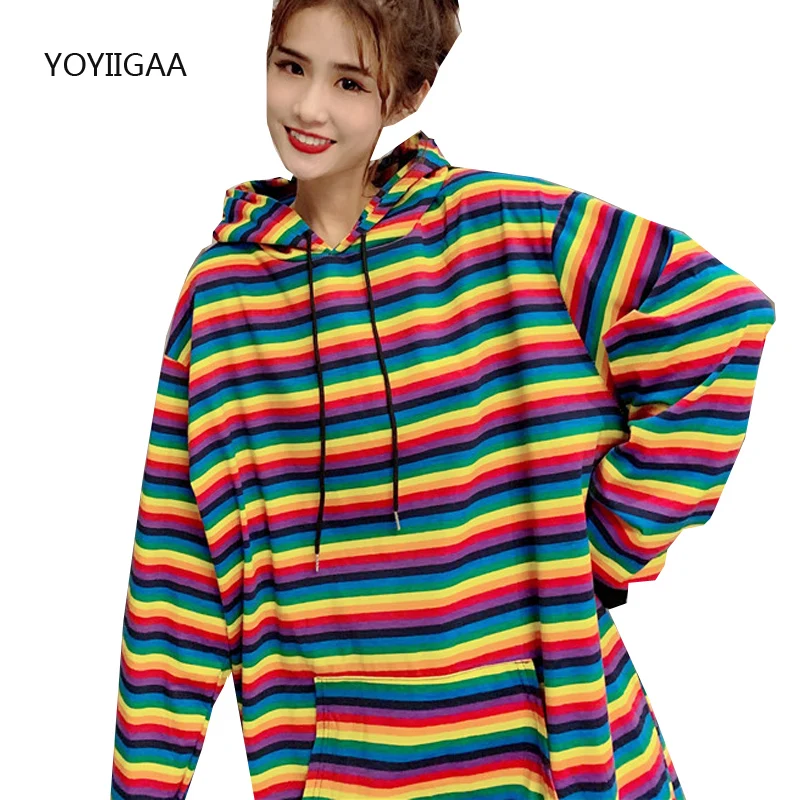 

Rainbow Stripe Thin Women Hoodies Autumn Harajuku Female Hoodie Long Sleeve Plus Size Woman Pullover Tops Oversized Hoodies