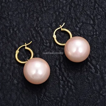 

GuaiGuai Jewelry BIG Pink Round 20mm Sea Shell Pearl 925 Silver Gold Plated Earrings