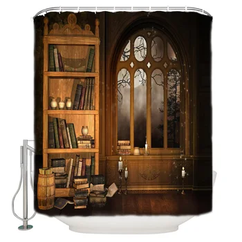 

Library Book Cabinet Candle Book Retro Style Shower Curtain Waterproof Polyester Bath Curtain