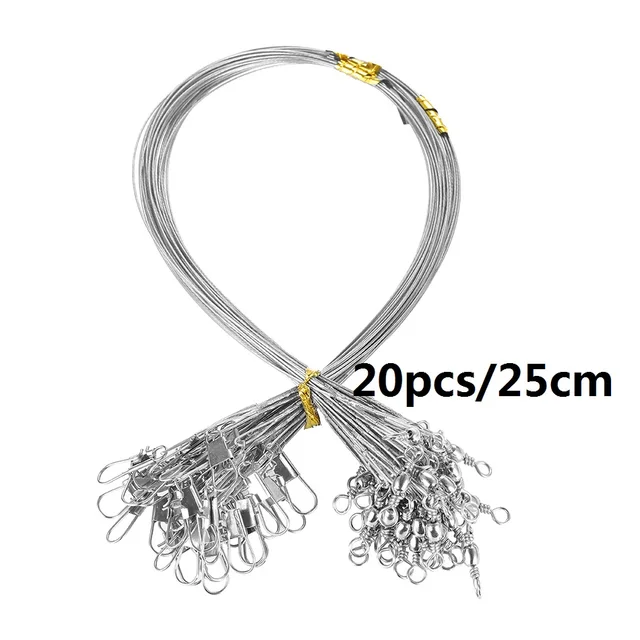 20PCS Anti Bite Steel Fishing Line Steel Wire Leader With Swivel Fishing Accessory Lead Core Leash Fishing Wire 15CM-40CM Silver 25cm
