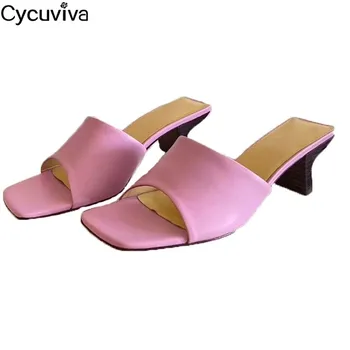 

Hot Square Toe High Heel Slippers Women Runway Open Toe Summer Party Shoes Pink Leather High Heels Mules Rome Style Slippers
