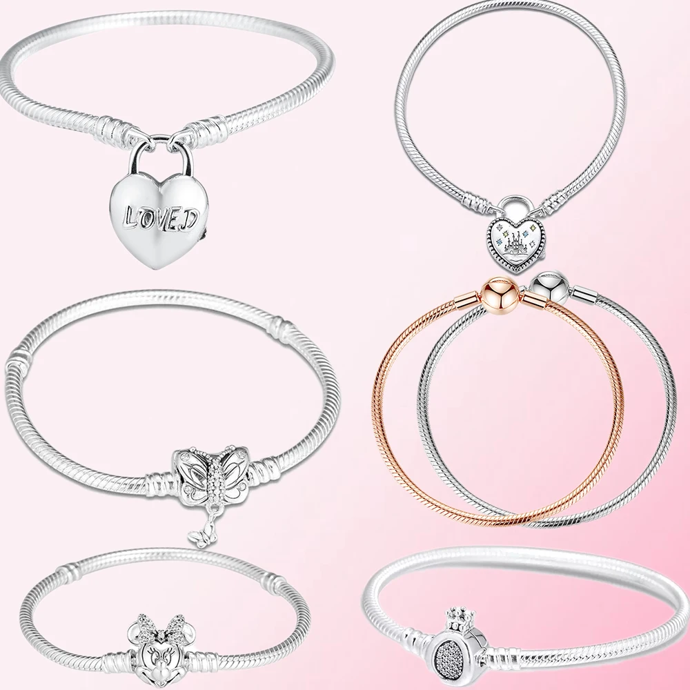 

2019 100% 925 Sterling Silver Classic MOMENTS SMOOTH Loved Heart Padlock Clasp Fantasyland Castle BANGLE Women's Charm Jewelry