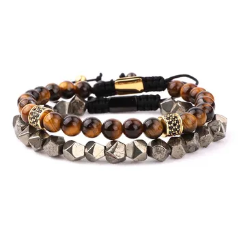 Natural stone pyrite brown tiger eye beaded friendship braided cord bracelet men jewelry gift