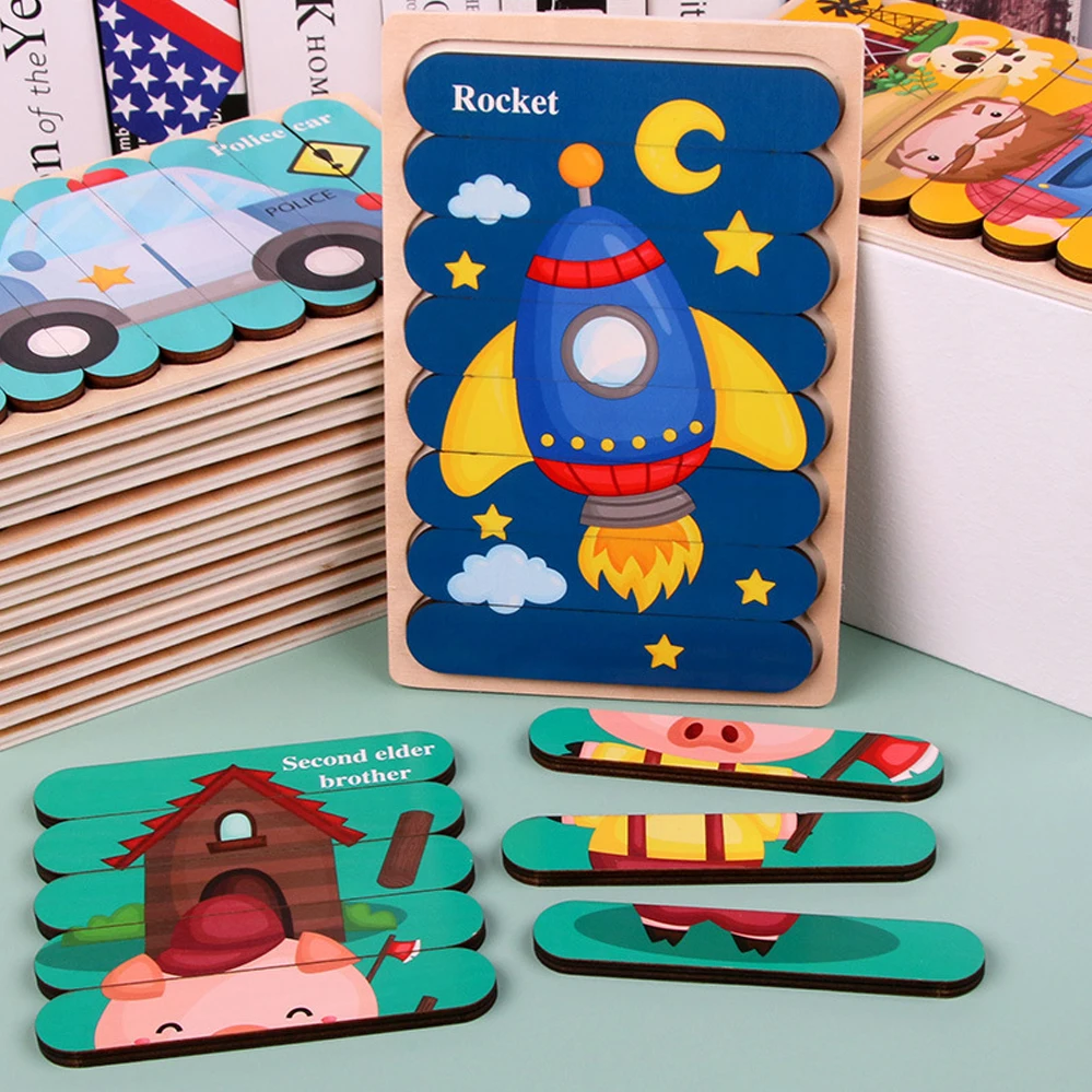 Children's Educational Wooden Toys Double-sided 3D Puzzle Creative Bar Puzzle Stacking Puzzle Baby Children's Educational Toys train set high quality wooden diy puzzle railway track stacking slot toy solar railway transportation toy