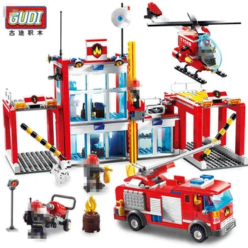 

GUDI city Fire Rescue station Administration truck Helicopter Building Block Bricks Educational Toys best Gift for childs 874pcs