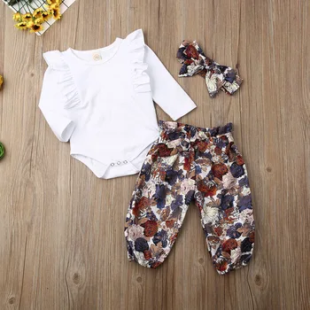 

Pudcoco Autumn Newborn Baby Girl Clothes Solid Color Ruffle Romper Tops Flower Print Long Pants Headband 3Pcs Outfits Clothes