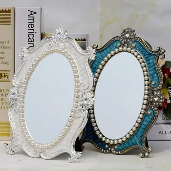 

European retro Makeup mirror Princess Dormitory desk Korean pearl single-sided vanity mirror large