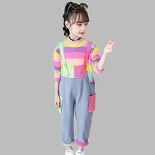 Комплекты детской одежды для девочек, футболка с радугой+ джинсовый комбинезон, 2 предмета, детская одежда, подростковая одежда для девочек 6, 8, 10, 12, 14 лет