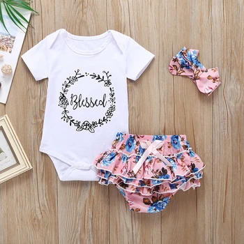

Summer Newborn Baby Girl Clothes Set Solid Color Short Sleeve Romper Flower Short Pants Headband 3Pcs Infant Outfits