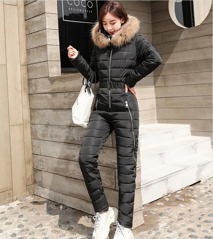 down jacket suit women piece thick coat winter fashion one-piece suits waist slim ski women parka