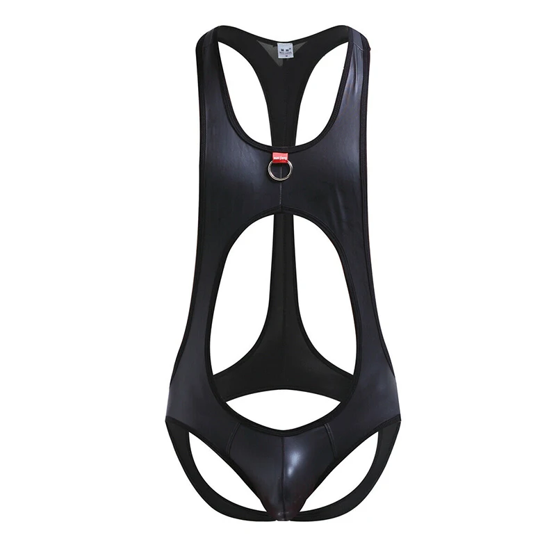 Mens Bodysuit Jock Strap PU Leather Open Back Lingerie Latex Catsuit One Piece Sexy Gay Jumpsuits Wrestling Singlets Undershirts men underwear men undershirt men wrestling singlet