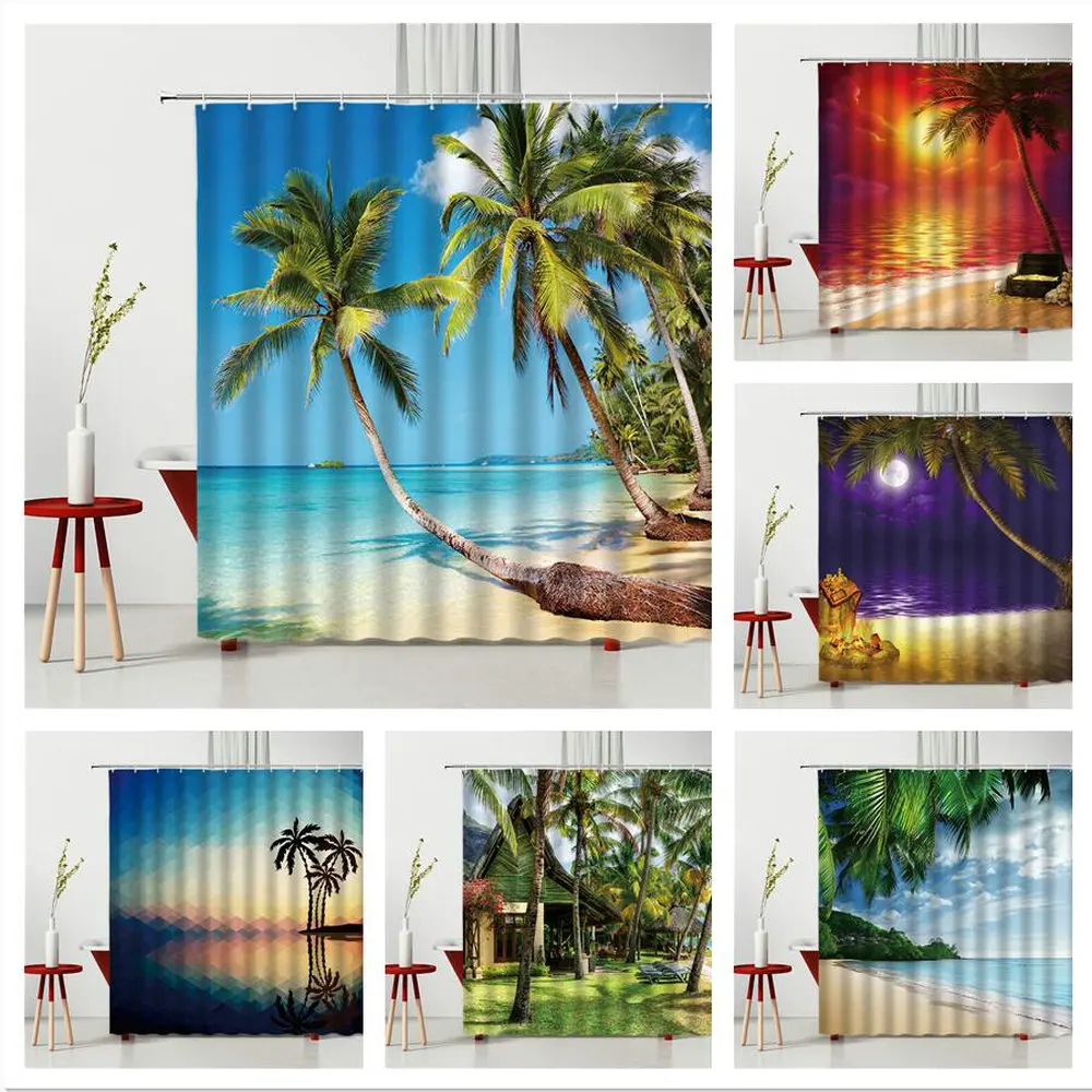 

Coconut Shower Curtain Sun Beach Moonlight Coconut Tree Scenery 3D Printing Household Bathroom Decoration Polyester Fabric