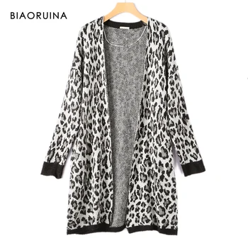 

BIAORUINA Women's Fashion Leopard Knitted Long Cardigan Female Loose Retro Sweater Office Lady All-match Casual V-neck Cardigans