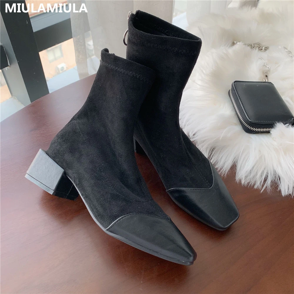 

MIULAMIULA Brand Designers 2019 Winter Luxury Black Comfort Stretch Sock Boots Woman Square Heels Low Platform Short Ankle Shoes
