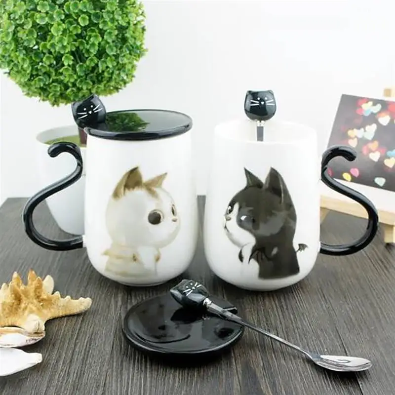 Керамическая кофейная кружка с милым рисунком кота с ложкой и крышкой, креативная большая кофейная кружка с здоровым котом 450 мл, чашка, кружка для путешествий