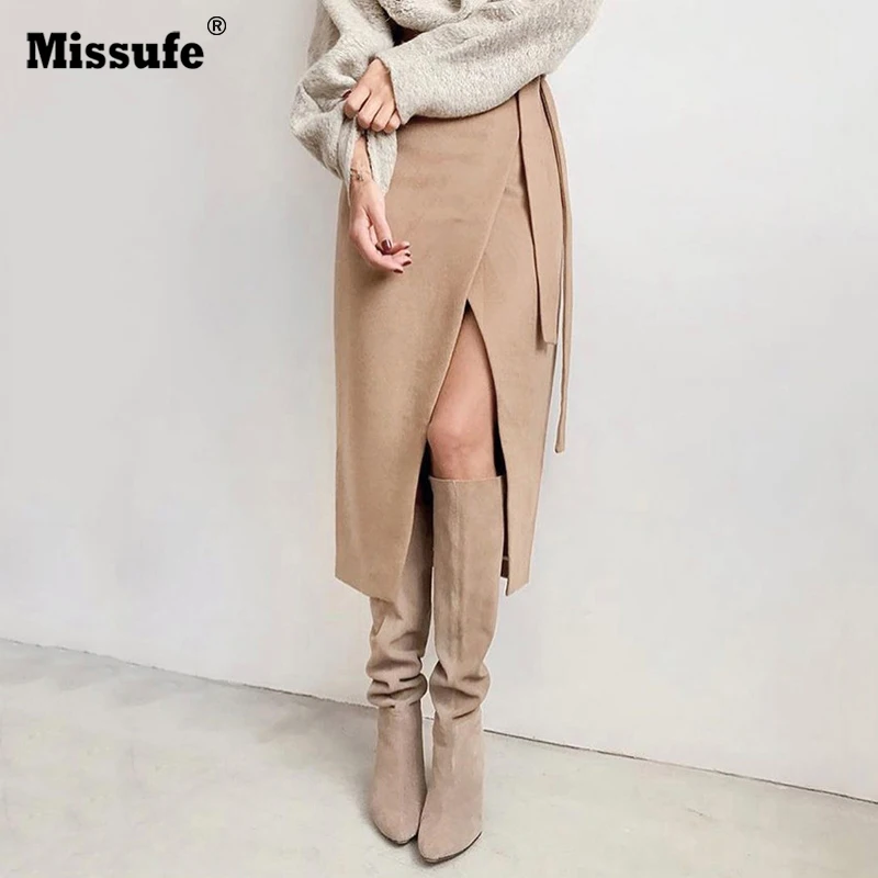 

Missufe Khaki Suede Long Skirt Women Autumn Winter Casual Wrap Skirt Lace Up Women High Waist Midi Skirt Office Ladies 2019