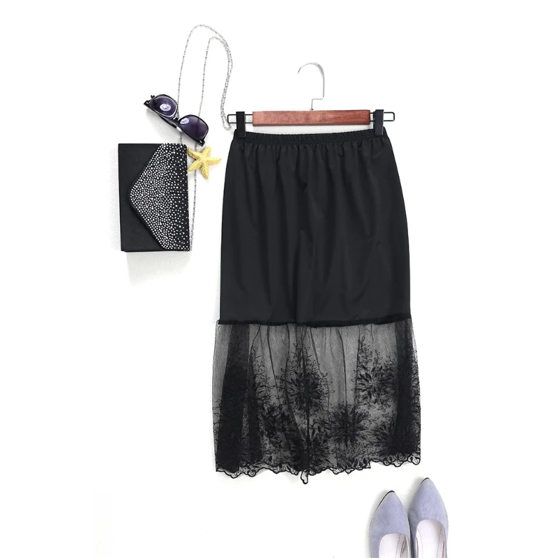 Net Yarn Stitching Fishtail with a Bottom Skirt,Lace Half Slip Skirts Extender Elastic Waist A-line Hollow Petticoat Underskirt