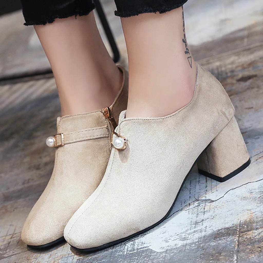 

Leisure Short Women Boots Fashion Solid Square Toe Zipper Ankle Boots Pearl Decoration Casual Med Heels Shoes Chaussures Femme