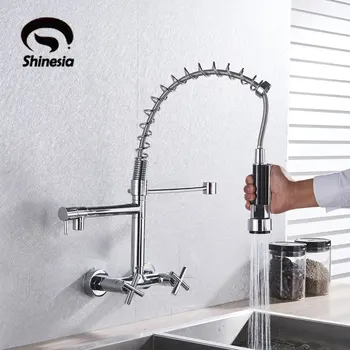 

Chrome Kitchen Faucet 360 rotation Hot cold mixer crane Tao Wall Mount dual Handles Spring bath faucet