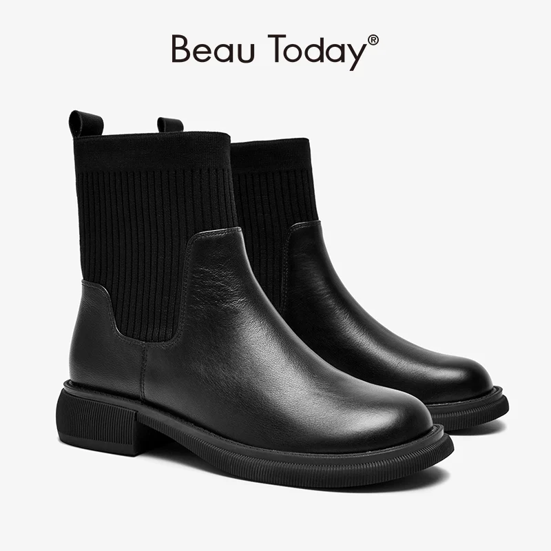 

Ankle Boots Women Cow Leather Patchwork Stretch Fabric Round Toe Slip-on Shoes Female Sock Boots Handmade BeauToday 04046