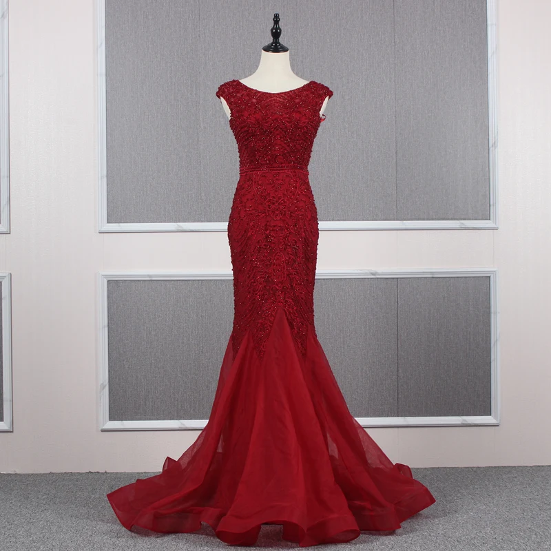 

Real Photo Round Neck Mermaid Lace Evening Dresses Long Beaded Tulle Formal Paty Gowns for Women