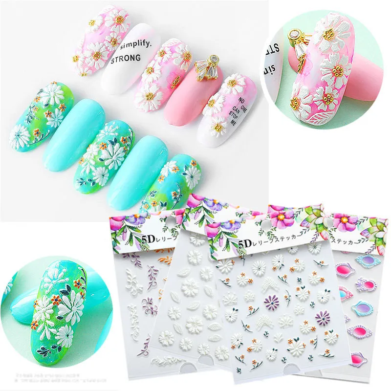 1pc 5D Acrylic Engraved Flower Nail Sticker Embossed Flower Leaves Nail Water Decals DIY Slider