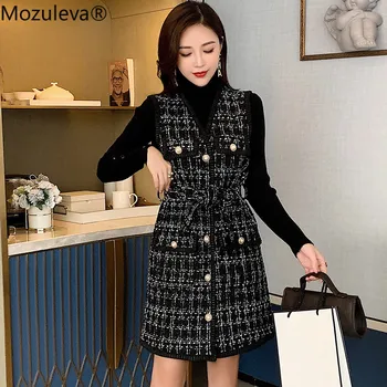 

Mozuleva Women Pearls Single-Breasted V-Neck Sashes Tweed Plaid Wool Vest Dress+Black Turtleneck Button Knit Top Winter 2PCS Set