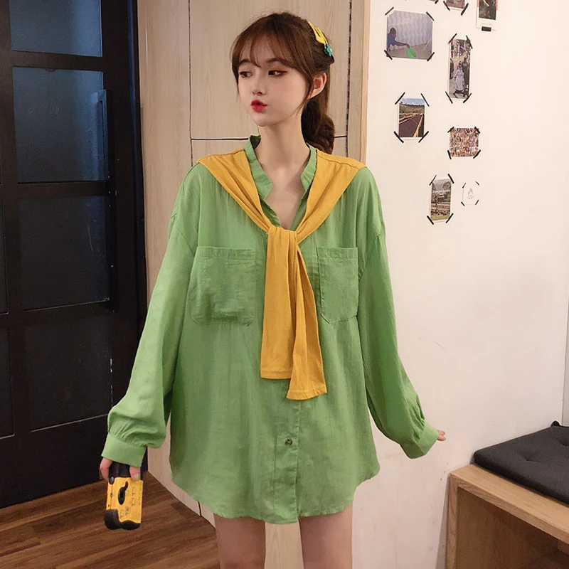 

2 Colors Mihoshop Ulzzang Korean Korea Women Fashion Clothing V Collar Long Sleeve Hit Color Green Yellow Shirt