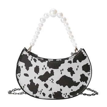 

Popular Simple Female Daily Bag Cow Milk Pattern Crossbody Bag Women Pearl Chain Small Shoulder Handbag Purse