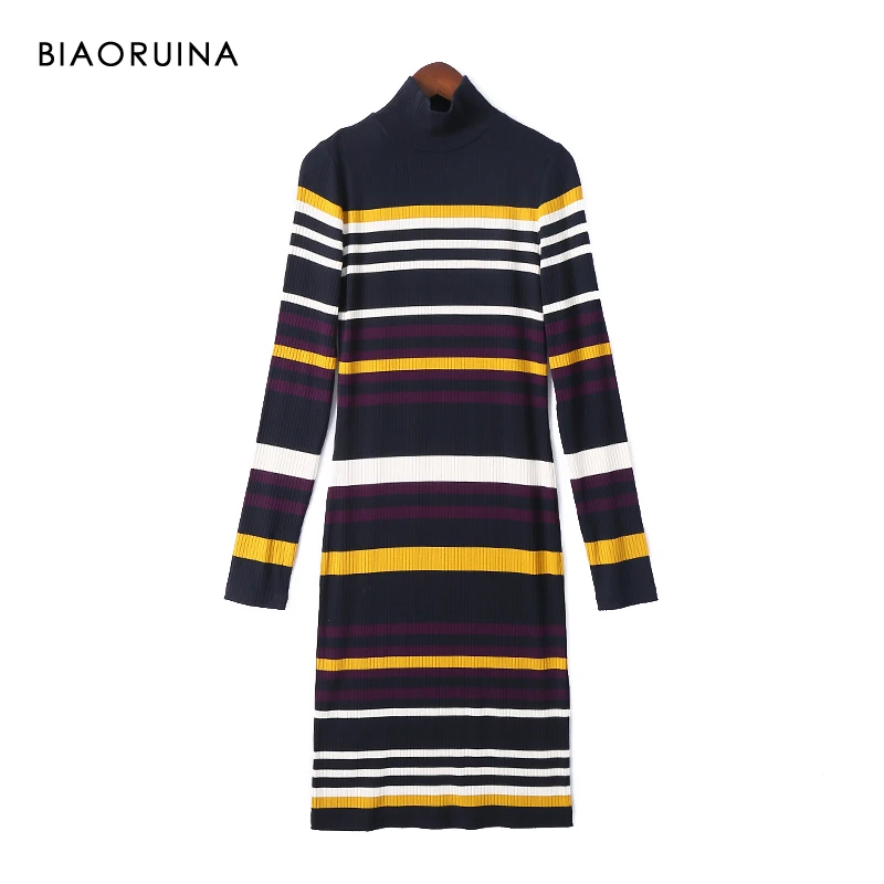 BIAORUINA, женское платье в разноцветную полоску, тонкое, стрейчевое, прямое, по колено, для офиса, леди, элегантное платье с высоким воротом, Vestidos