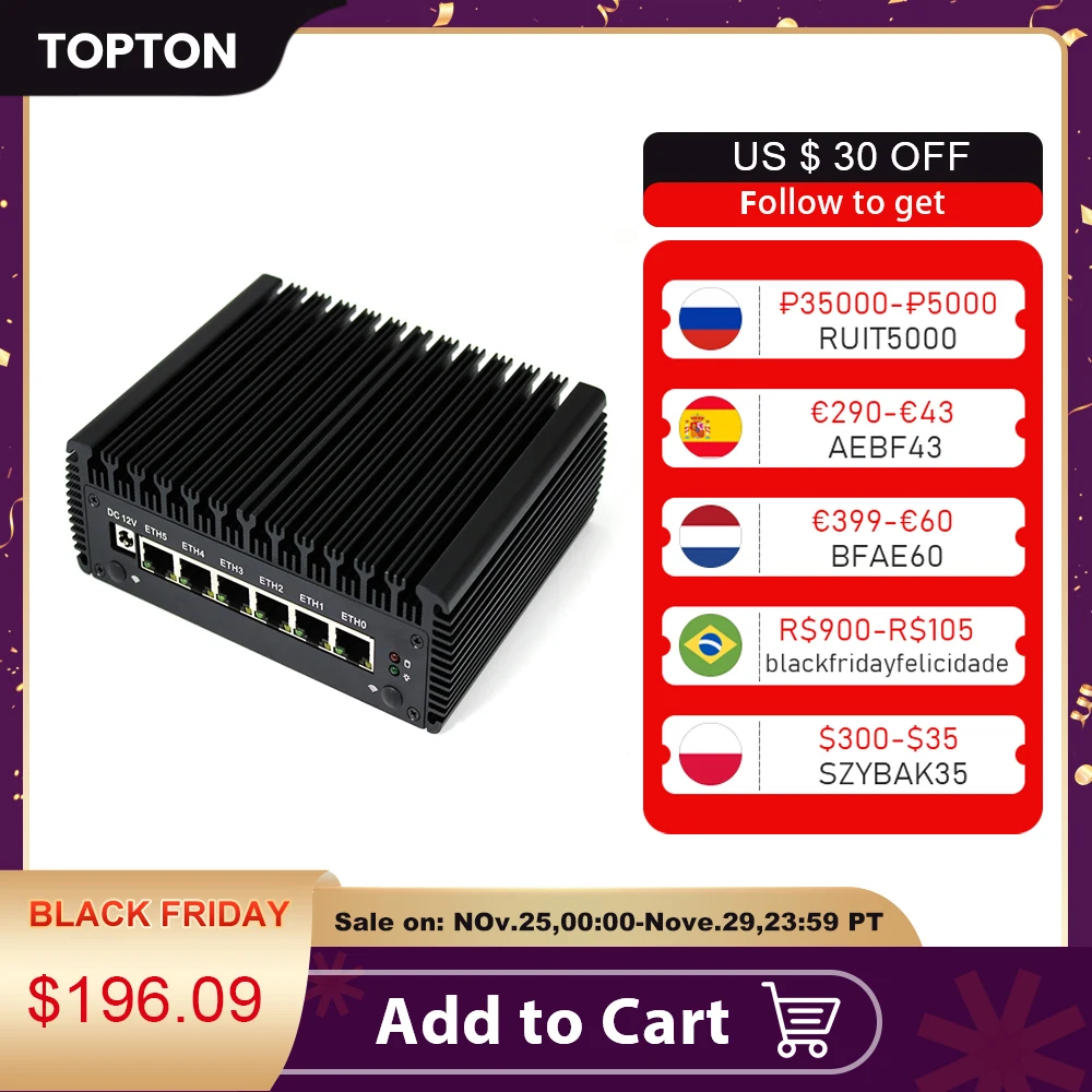 Topton 6LAN безвентиляторный ПК Core i7 7500U i5 6 Intel i211AT RJ45 COM pfSense брандмауэр маршрутизатор
