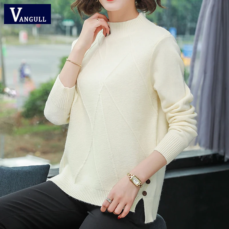 Vangull Half-Turtleneck Knitted Sweaters Women Long Sleeve Thick Soft Sweater Pullovers 2019 Winter New Solid Bottoming-shirt