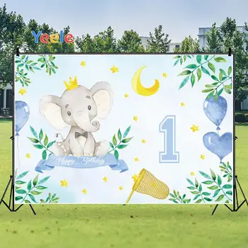 

Yeele Happy Baby Birthday Blue Board Cute Elephant Moon Stars Background Photophone Photography for Decoration Customized Size