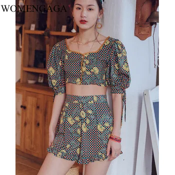 

Korea Crop Top Bohemia Two Piece Set Women Shorts Set Ruffle Beach Outfit 2 Piece Beach Set Plaid Floral Holiday Clothes M6EI
