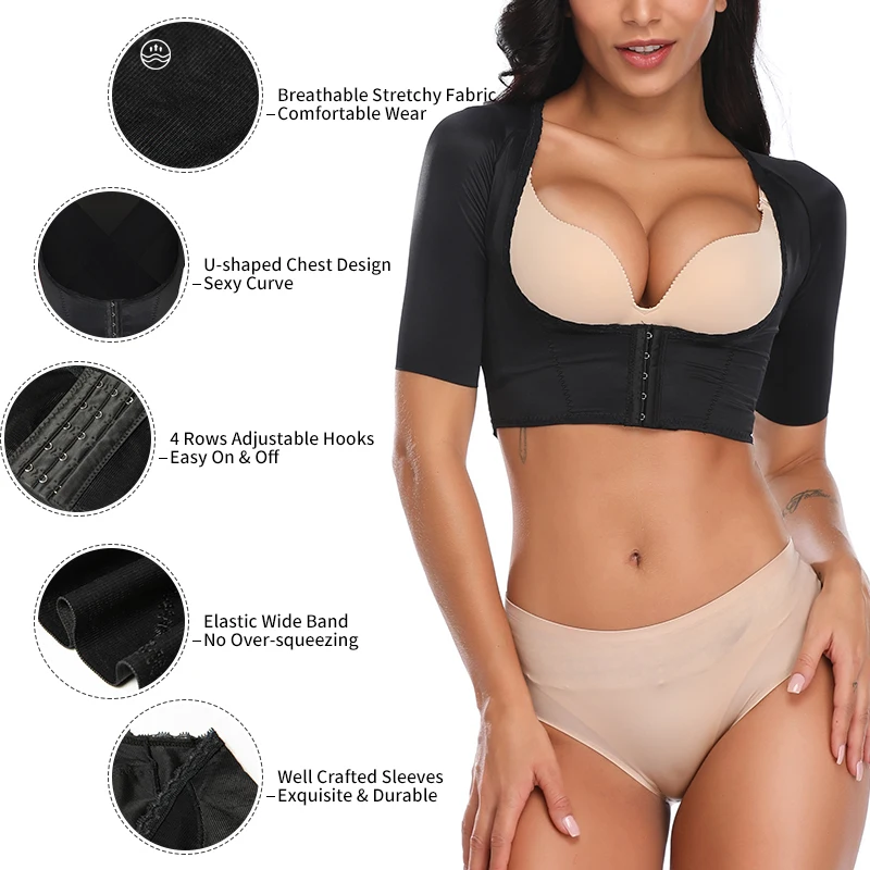 Women Shapewear Tops Wear Your Own Bra Short Sleeve Slim Crop Top Shaper Body Arm Shape Underbust Black Beige S-2XL