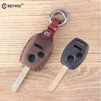 

KEYYOU Genuine Leather Remote Control Car Keychain Key Cover Case For HONDA Odyssey Ridgeline Accord Civic CR-V Pilot Fit