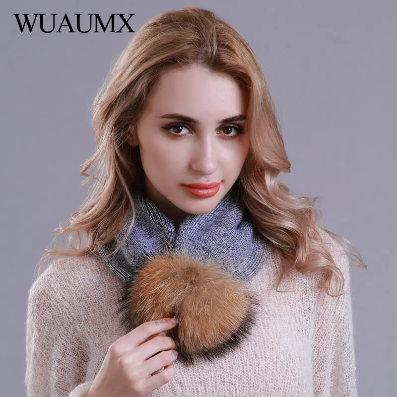 Wuaumx Multifunction Hat and Scarf Autumn Winter Hat For Women Wool Knitted Beanies Cap Luxury Raccoon Fur Pompom Cap