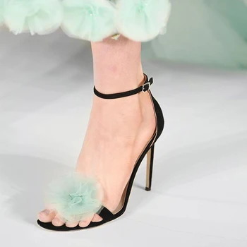 

2020 New Women Black Suede Sandals Gladiator Ankle Strap High Heels Prom Party Pumps Lace Flower Decor Summer Sandalias Feminina