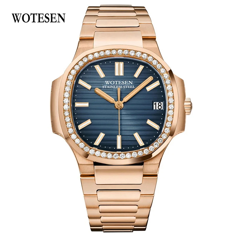 Rose gold Blue WOTESEN, модные мужские часы с бриллиантами, Топ бренд, Роскошные Кварцевые часы для мужчин, стальные армейские военные мужские деловые часы, водонепроницаемые - Цвет: Rose gold Blue