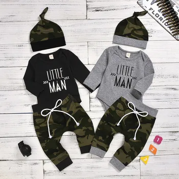 

Little Man Cotton Bodysuit Romper Newborn Baby Boy Clothes Winter Camouflage Pants Beanie Cap WInter Toddler Boys Clothing Sets
