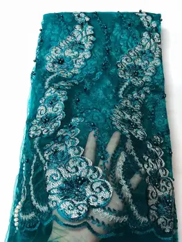 

French Lace Fabric Teal Green Beaded African Lace Fabric 2019 High Quality Lace Embroidered Fabric for Nigerian Wedding Dress YJ