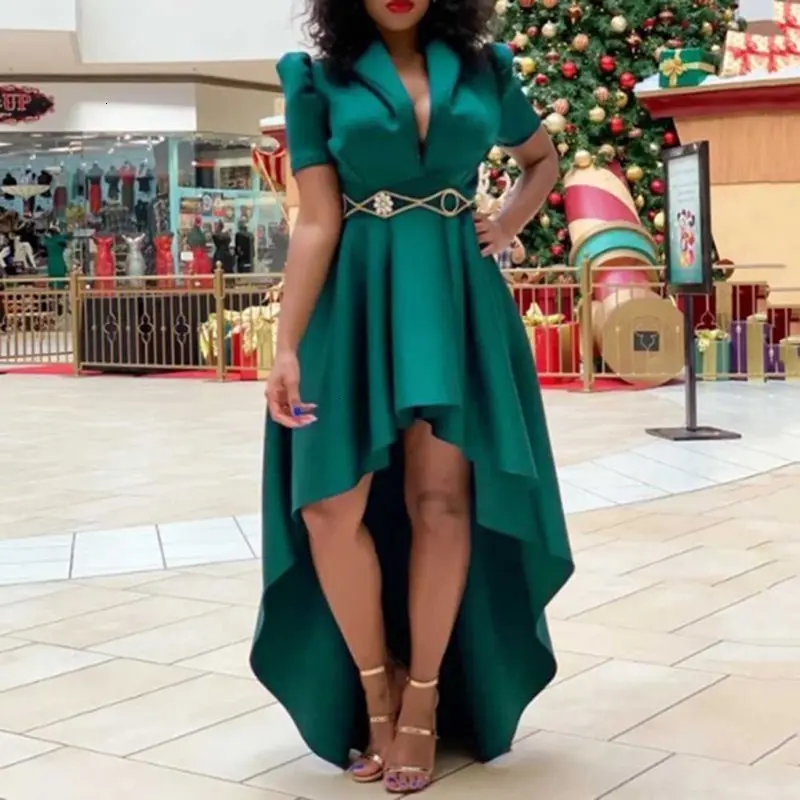 

V-Neck Asymmetric Short Sleeve High Low Dress Long Party Evening Dinner Vintage Women Green Big Plus Size 3XL Maxi Dress Female