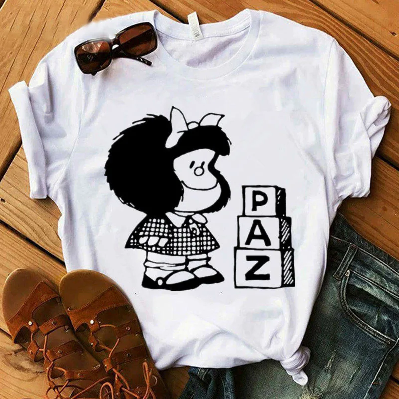 T-shirt Women Funny Cartoon PAZ Mafalda or QUIERO Cafe Printed Top Female T Shirts 2020 Summer Harajuku Casual White T-shirt Top