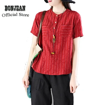 

Women Linen Tops T Shirt Tees O Neck Big Loose Pockets Retro Vintage Casual Fashion for Summer AZ18211320